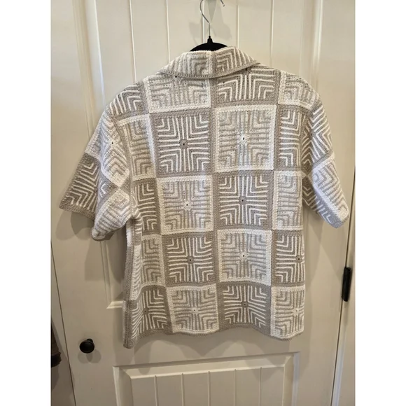 Abercrombie Crochet Knit Shirt Gray Cream Geo Button Up Coastal Size S Quiet Lux - Picture 2 of 7